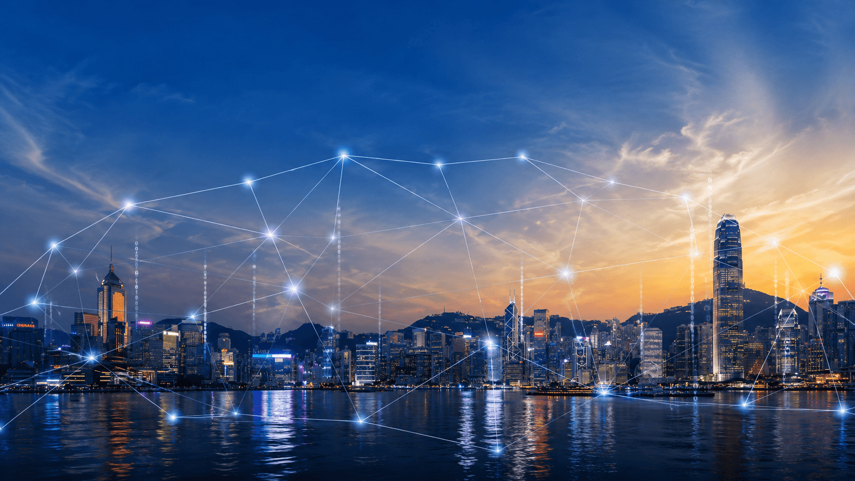 Smart city skyline at dusk